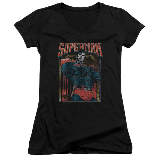 Superman Head Bang Junior Sheer Cap Sleeve V Neck Womens T Shirt Black