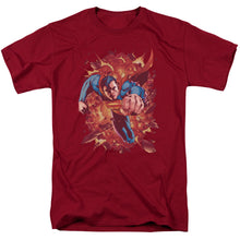 Load image into Gallery viewer, Superman Through Flame Mens T Shirt Cardinal