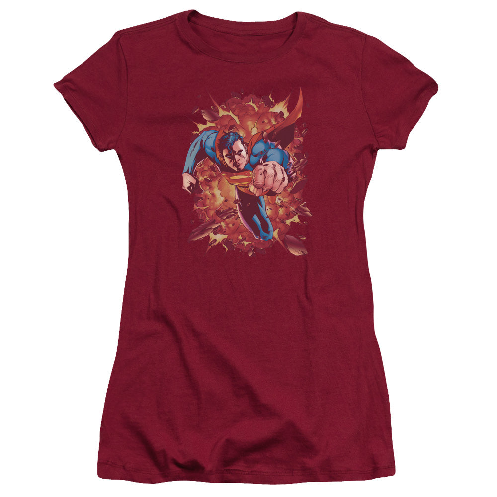 Superman Through Flame Junior Sheer Cap Sleeve Womens T Shirt Cardinal