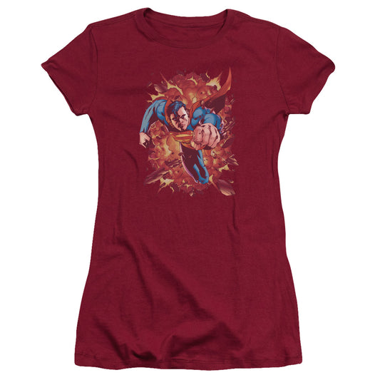 Superman Through Flame Junior Sheer Cap Sleeve Womens T Shirt Cardinal