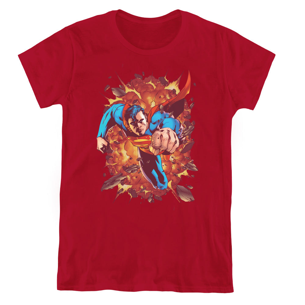 Superman Through Flame Womens T Shirt Cardinal