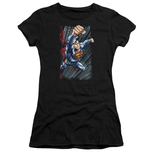 Superman Faster Than Junior Sheer Cap Sleeve Womens T Shirt Black