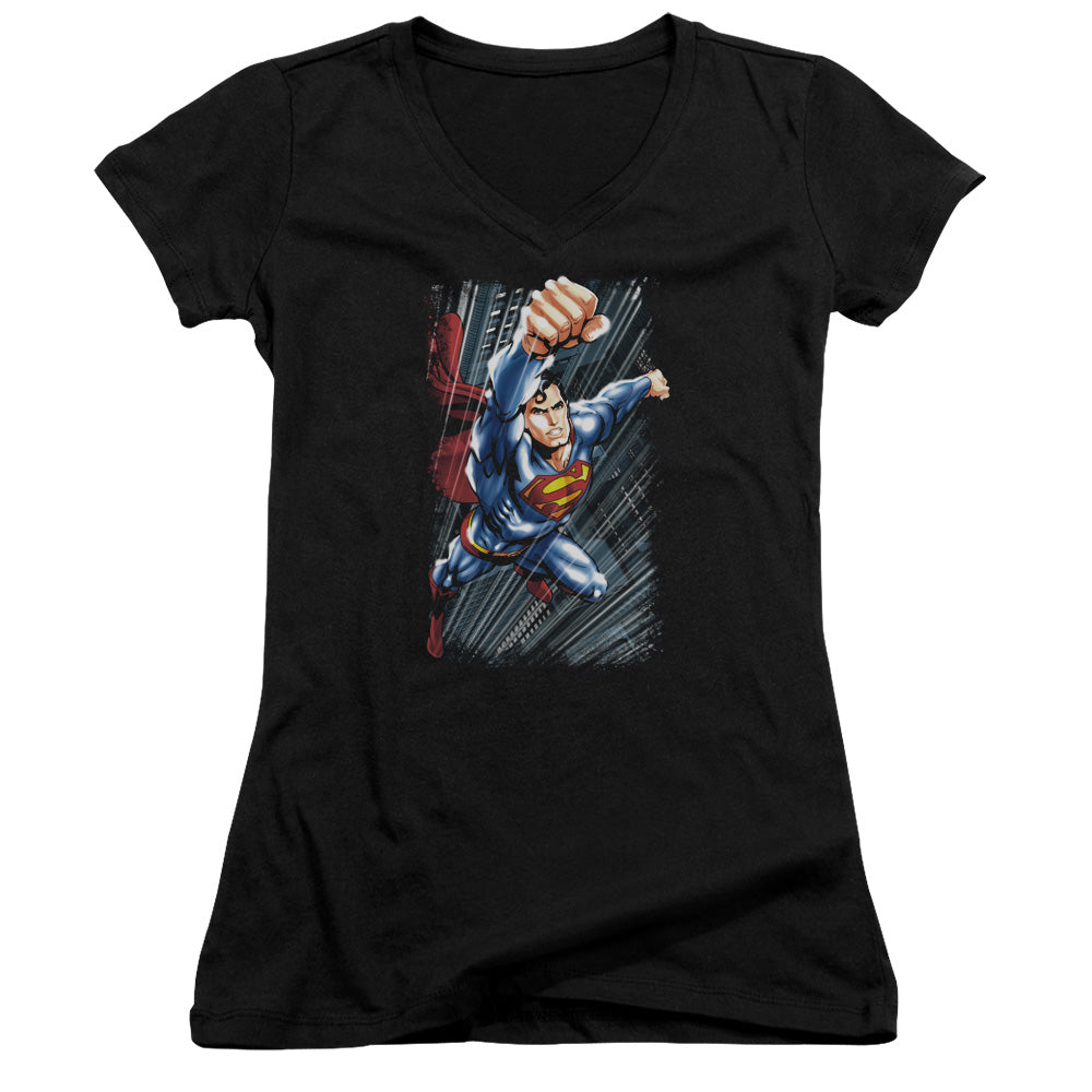 Superman Faster Than Junior Sheer Cap Sleeve V Neck Womens T Shirt Black