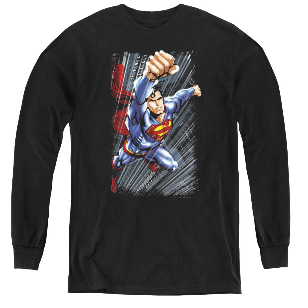 Superman Faster Than Long Sleeve Kids Youth T Shirt Black