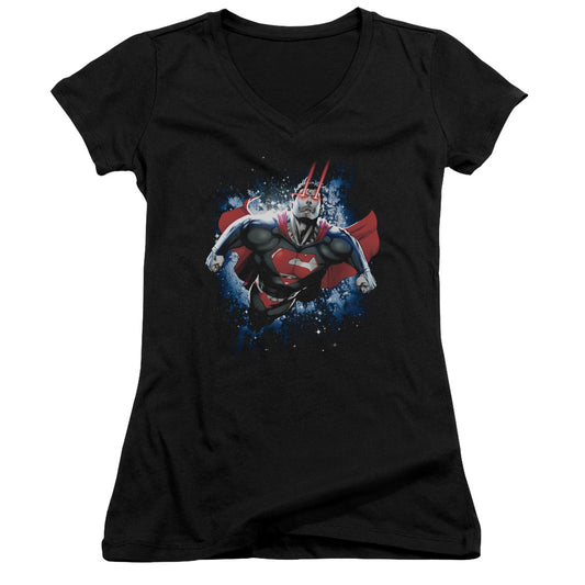 Superman Stardust Junior Sheer Cap Sleeve V Neck Womens T Shirt Black