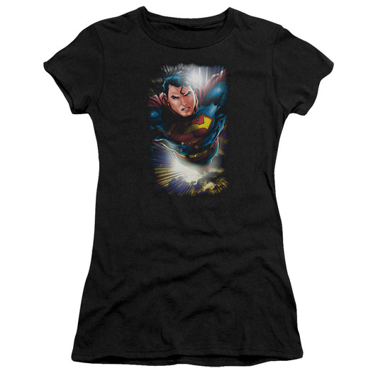 Superman In The Sky Junior Sheer Cap Sleeve Womens T Shirt Black