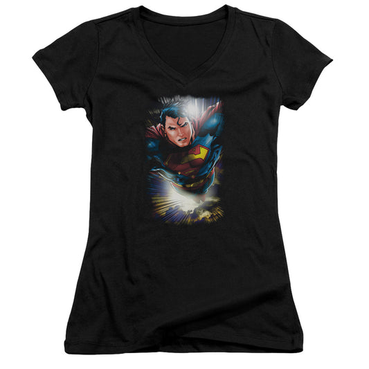 Superman In The Sky Junior Sheer Cap Sleeve V Neck Womens T Shirt Black