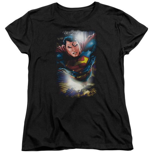 Superman In The Sky Womens T Shirt Black