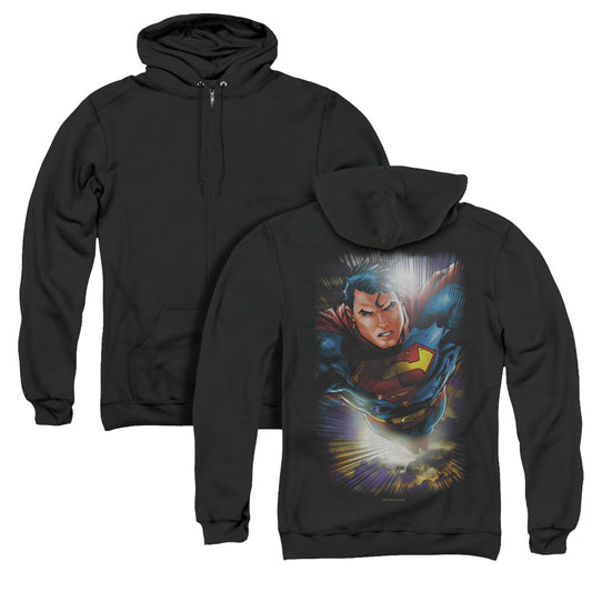 Superman In The Sky Back Print Zipper Mens Hoodie Black