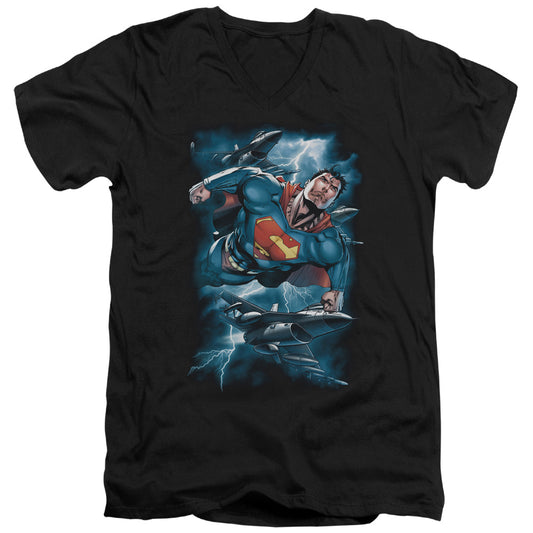 Superman Stormy Flight Mens Slim Fit V Neck T Shirt Black