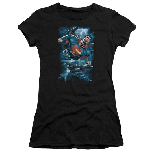 Superman Stormy Flight Junior Sheer Cap Sleeve Womens T Shirt Black