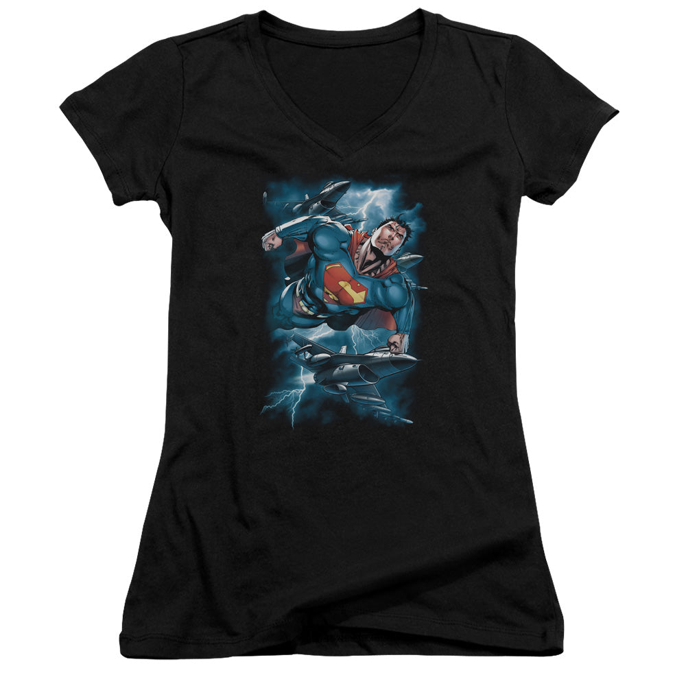 Superman Stormy Flight Junior Sheer Cap Sleeve V Neck Womens T Shirt Black