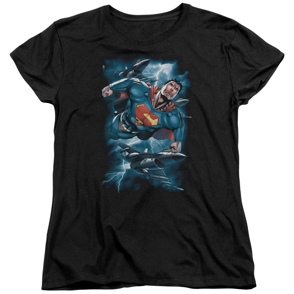 Superman Stormy Flight Womens T Shirt Black