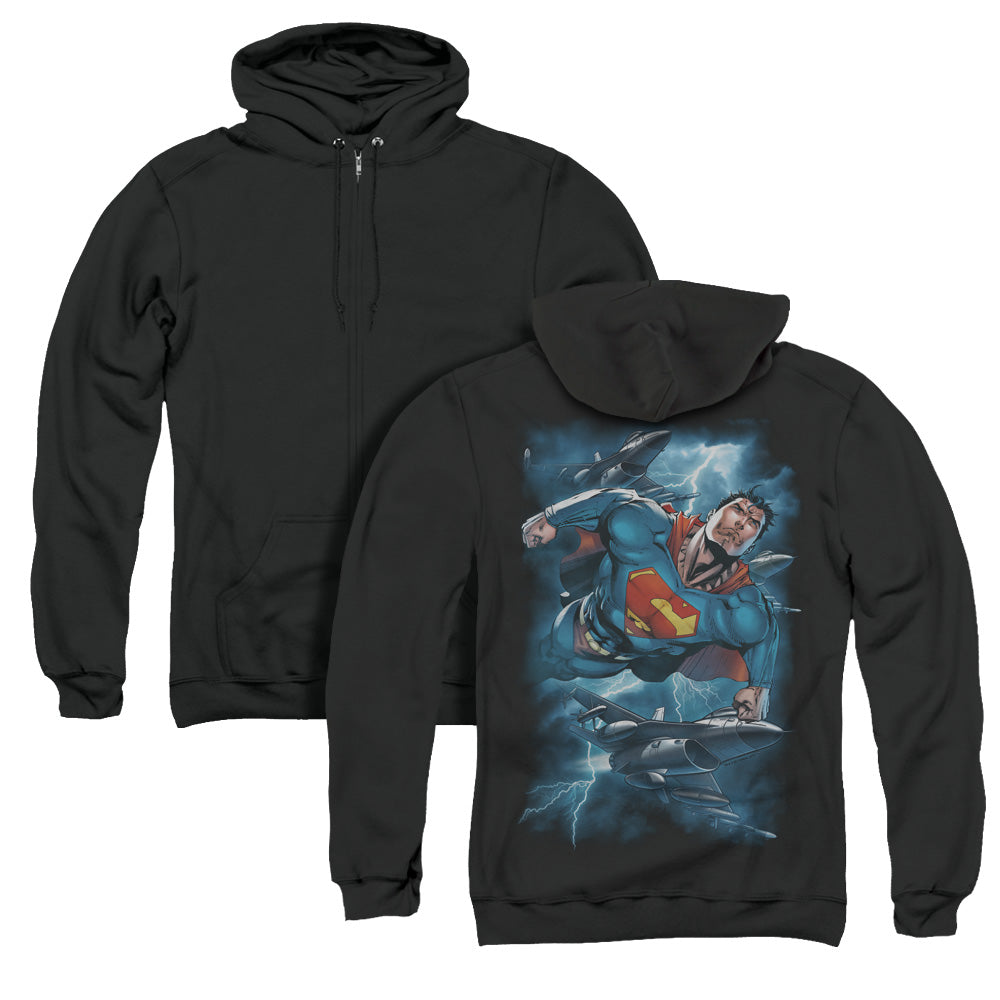 Superman Stormy Flight Back Print Zipper Mens Hoodie Black