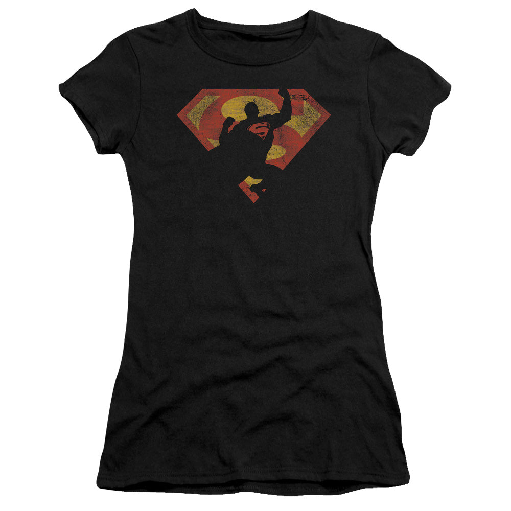 Superman S Shield Knockout Junior Sheer Cap Sleeve Womens T Shirt Black