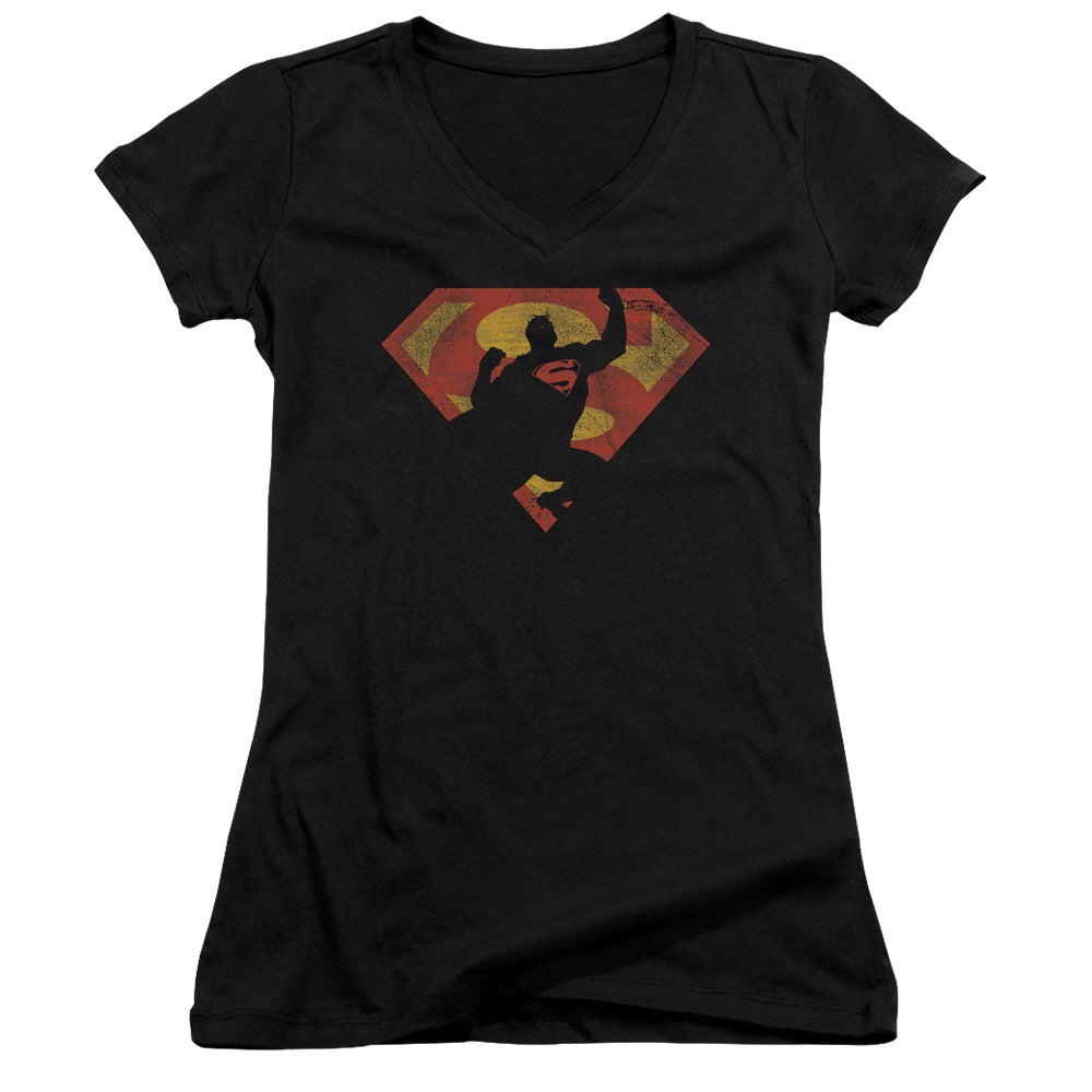 Superman S Shield Knockout Junior Sheer Cap Sleeve V Neck Womens T Shirt Black