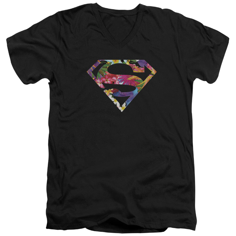 Superman Hawaiian Shield Mens Slim Fit V Neck T Shirt Black