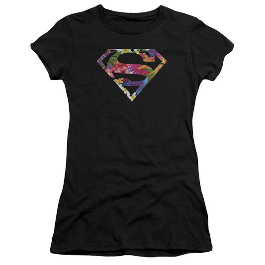 Superman Hawaiian Shield Junior Sheer Cap Sleeve Womens T Shirt Black