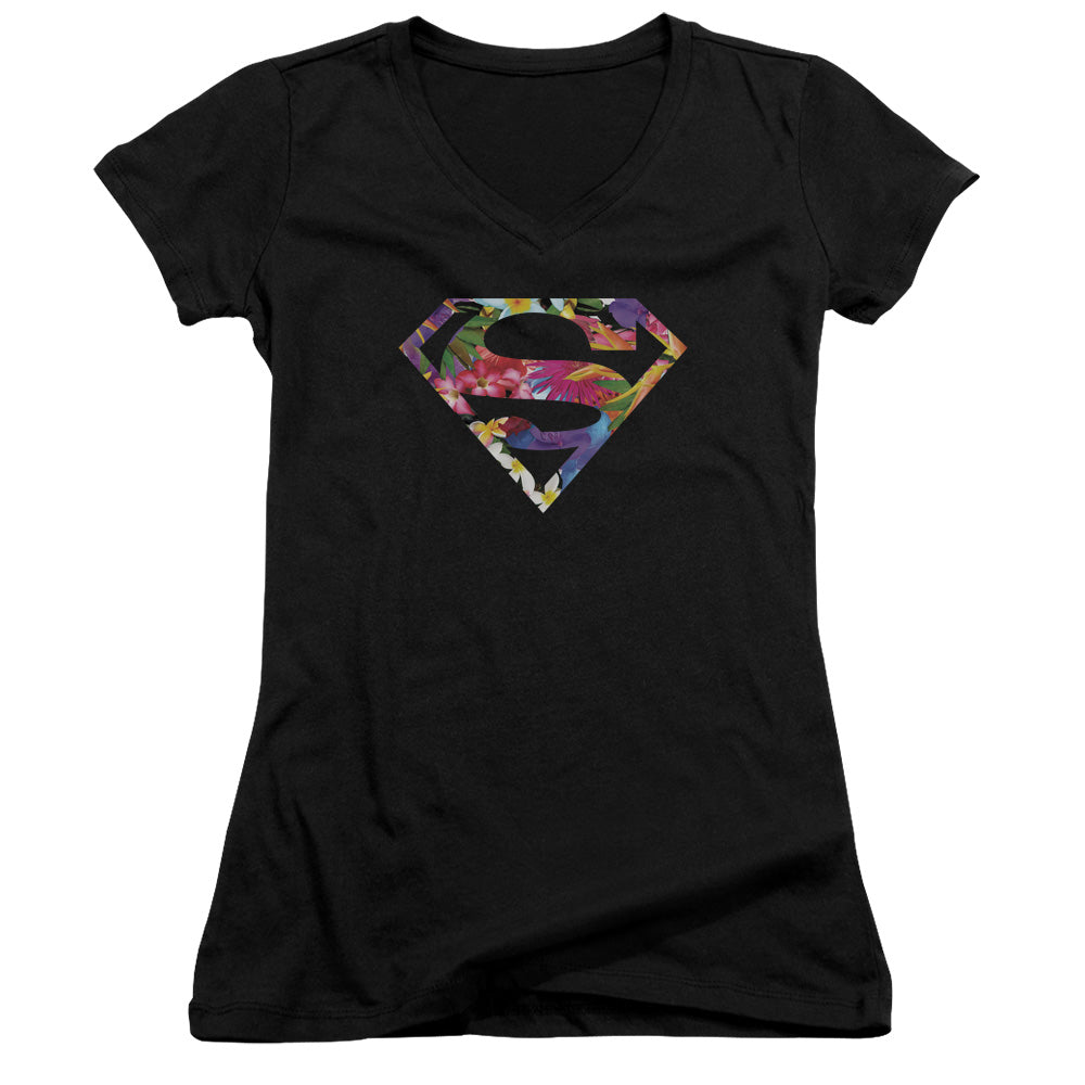 Superman Hawaiian Shield Junior Sheer Cap Sleeve V Neck Womens T Shirt Black