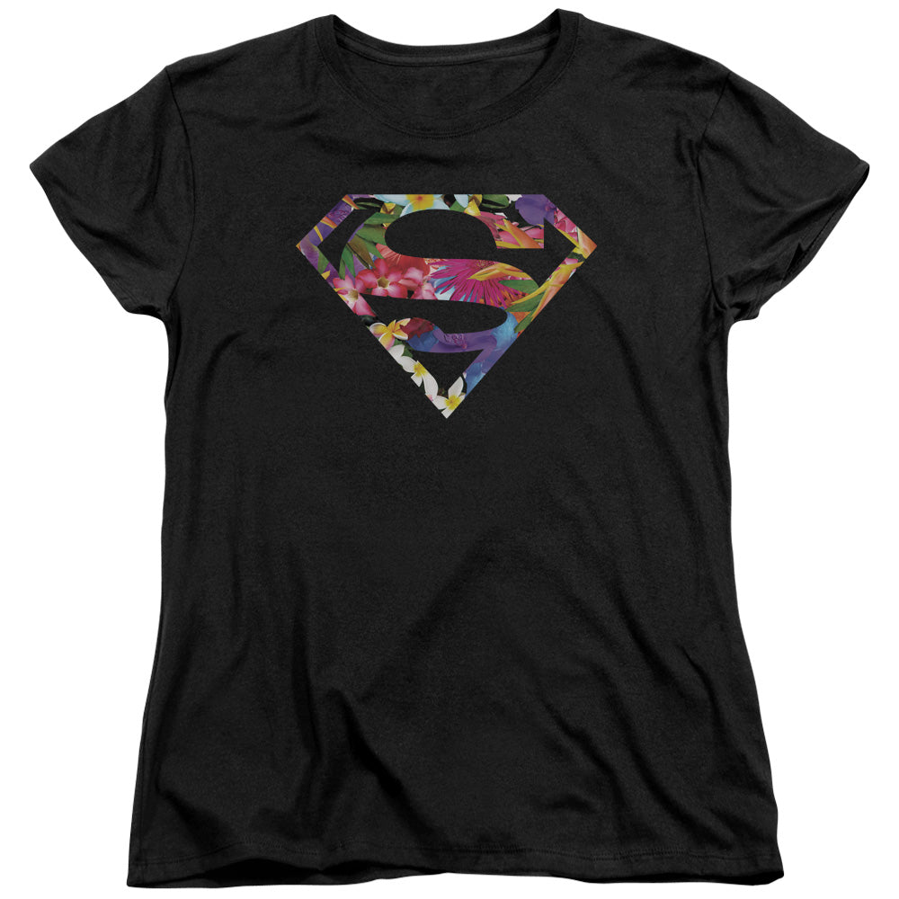 Superman Hawaiian Shield Womens T Shirt Black