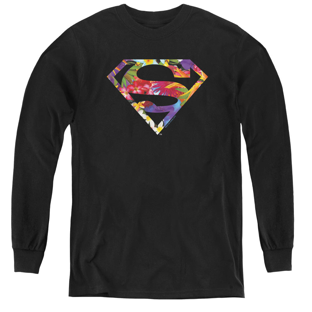 Superman Hawaiian Shield Long Sleeve Kids Youth T Shirt Black