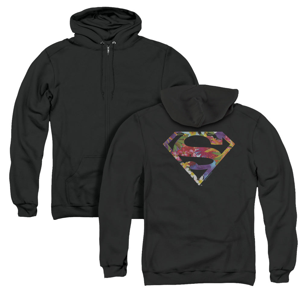 Superman Hawaiian Shield Back Print Zipper Mens Hoodie Black