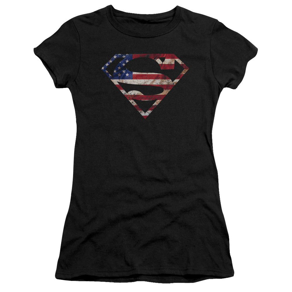 Superman Super Patriot Junior Sheer Cap Sleeve Womens T Shirt Black