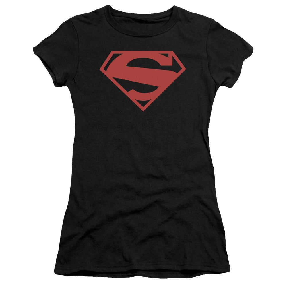 Superman 52 Red Block Junior Sheer Cap Sleeve Womens T Shirt Black