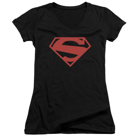 Superman 52 Red Block Junior Sheer Cap Sleeve V Neck Womens T Shirt Black