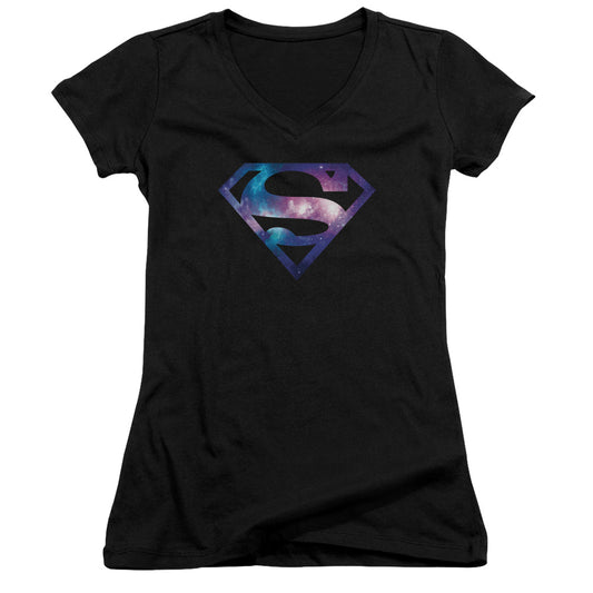 Superman Galaxy Shield Junior Sheer Cap Sleeve V Neck Womens T Shirt Black