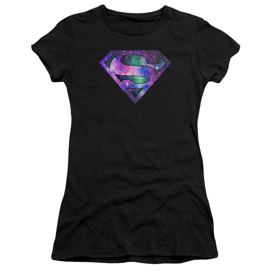 Superman Galaxies Shield Junior Sheer Cap Sleeve Womens T Shirt Black