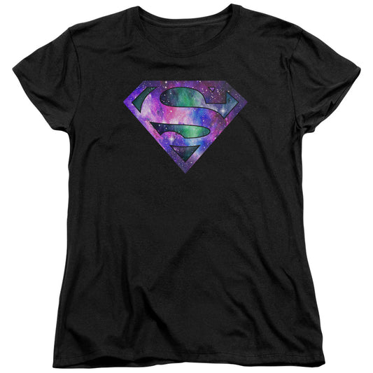 Superman Galaxies Shield Womens T Shirt Black