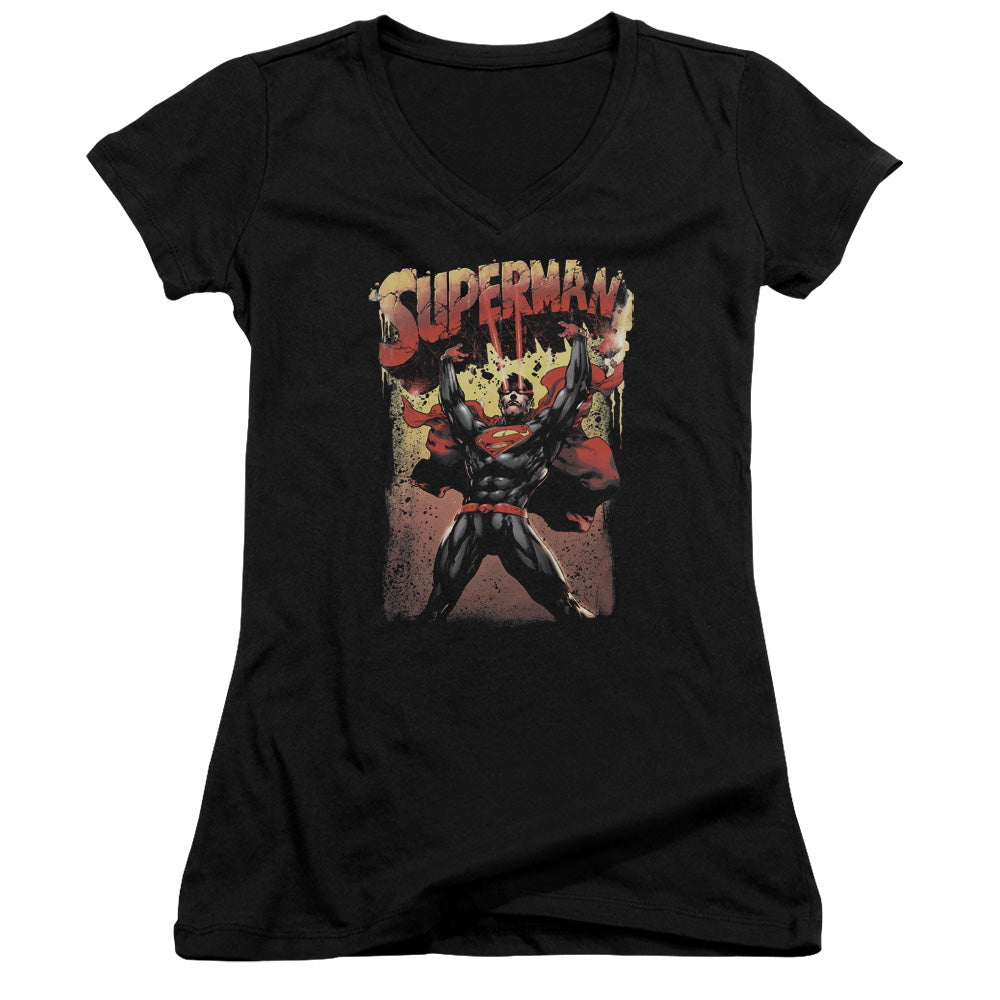 Superman Lift Up Junior Sheer Cap Sleeve V Neck Womens T Shirt Black