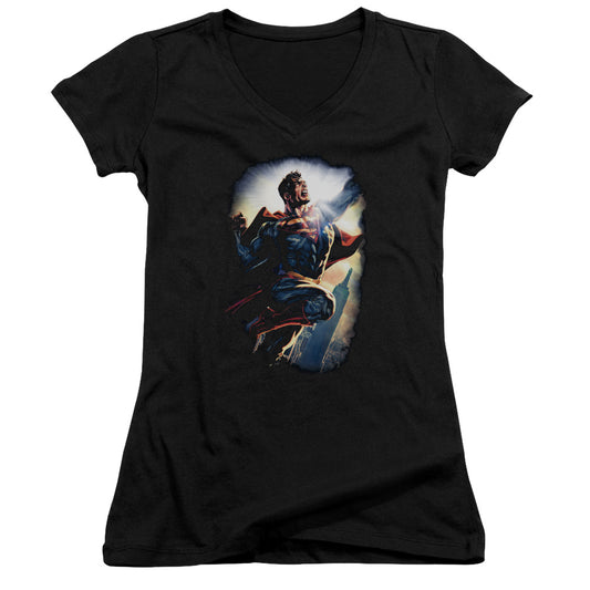 Superman Ck Superstar Junior Sheer Cap Sleeve V Neck Womens T Shirt Black