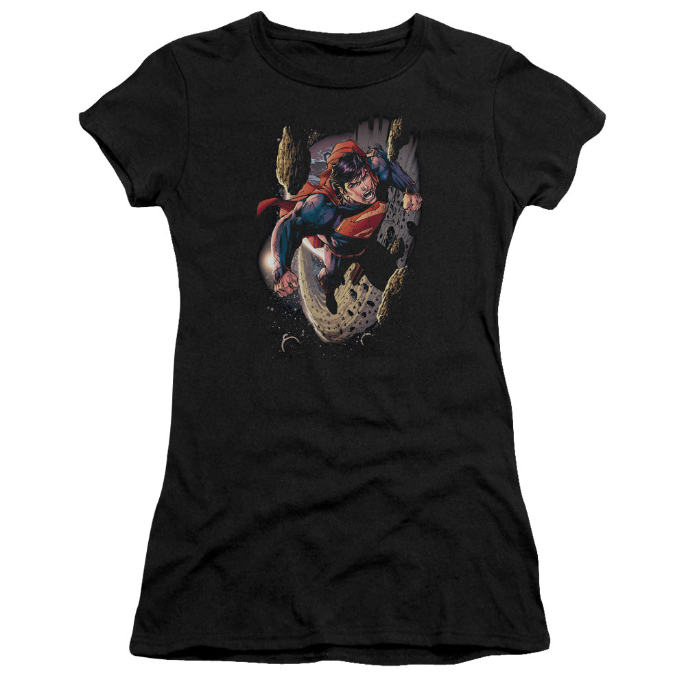 Superman Orbit Junior Sheer Cap Sleeve Womens T Shirt Black