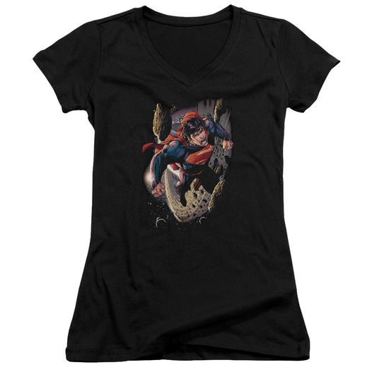 Superman Orbit Junior Sheer Cap Sleeve V Neck Womens T Shirt Black