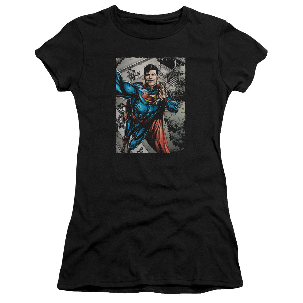 Superman Super Selfie Junior Sheer Cap Sleeve Womens T Shirt Black