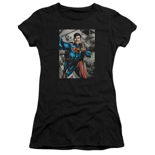 Superman Super Selfie Junior Sheer Cap Sleeve Womens T Shirt Black