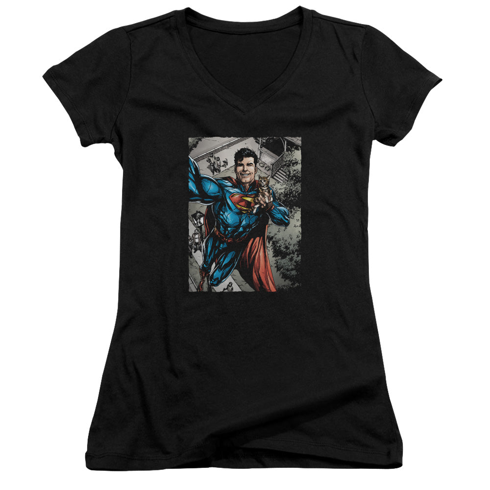 Superman Super Selfie Junior Sheer Cap Sleeve V Neck Womens T Shirt Black