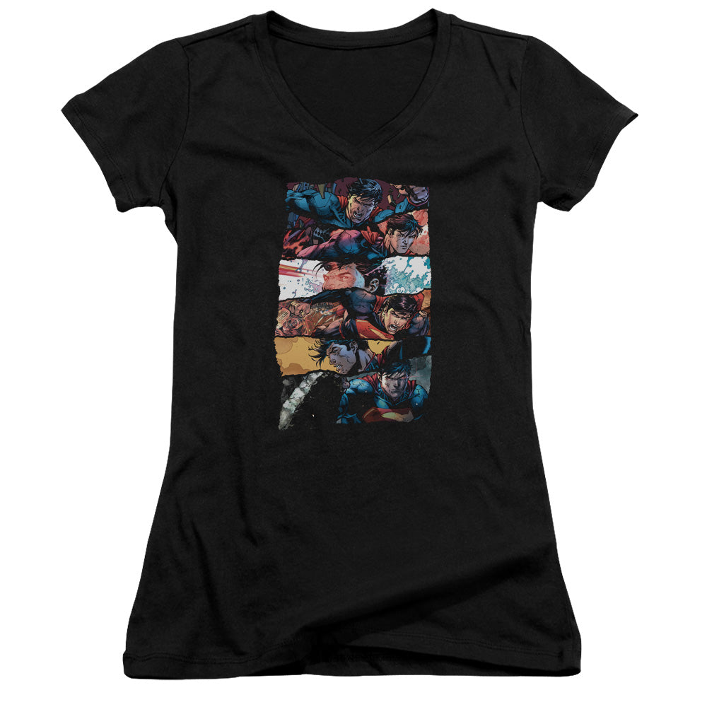 Superman Torn Collage Junior Sheer Cap Sleeve V Neck Womens T Shirt Black