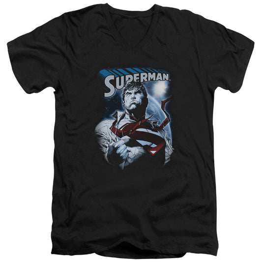 Superman Protect Earth Mens Slim Fit V Neck T Shirt Black