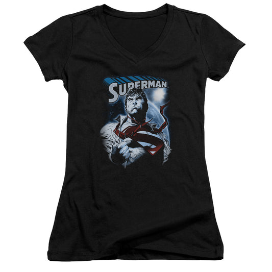 Superman Protect Earth Junior Sheer Cap Sleeve V Neck Womens T Shirt Black