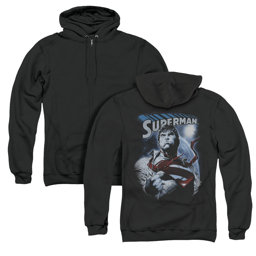 Superman Protect Earth Back Print Zipper Mens Hoodie Black