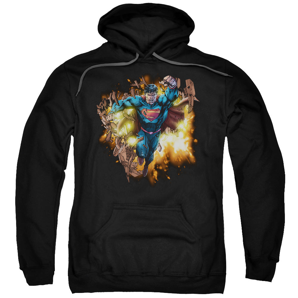 Superman Blasting Through Mens Hoodie Black