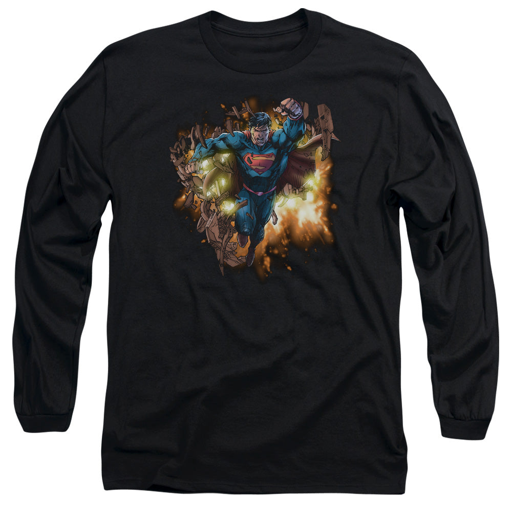 Superman Blasting Through Mens Long Sleeve Shirt Black