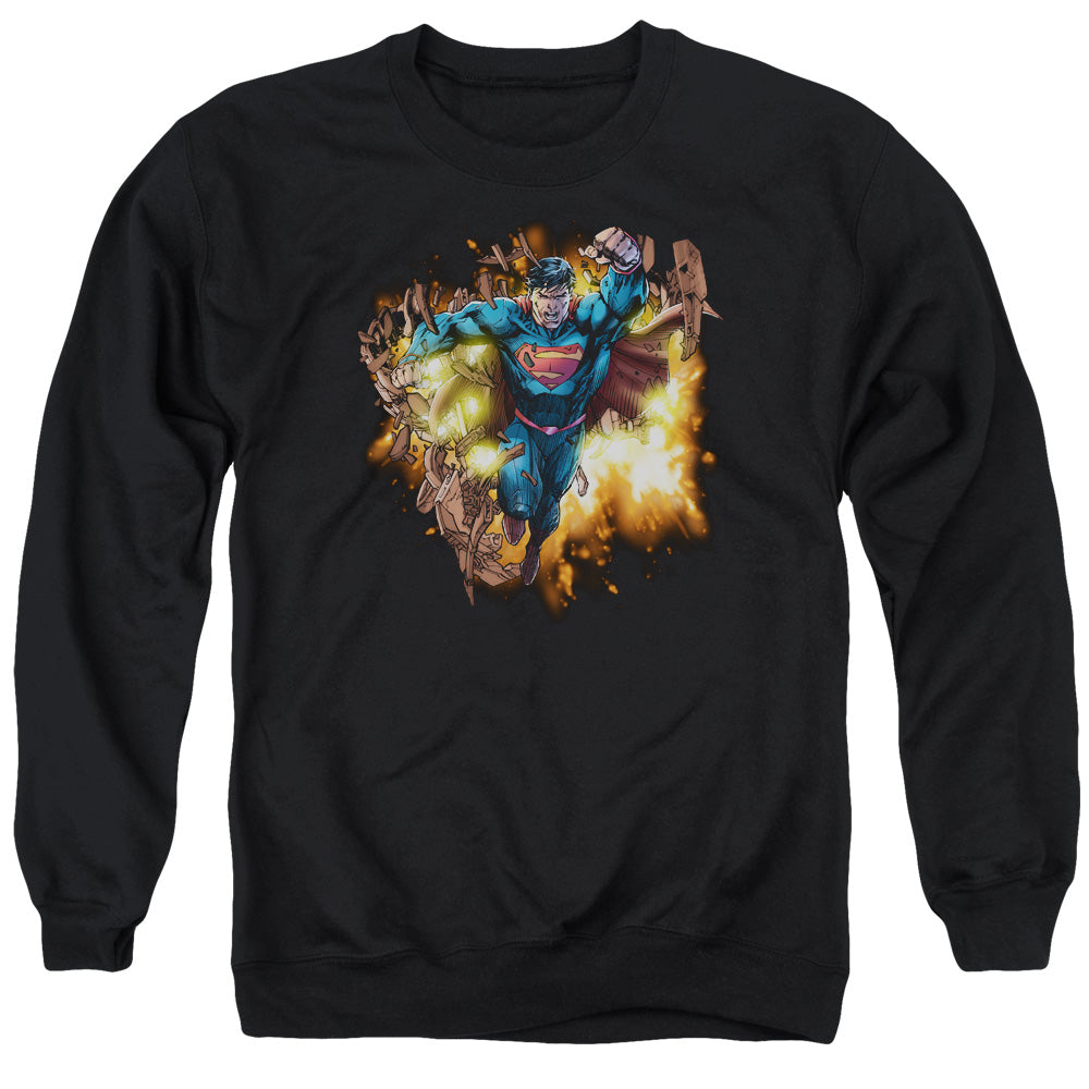 Superman Blasting Through Mens Crewneck Sweatshirt Black