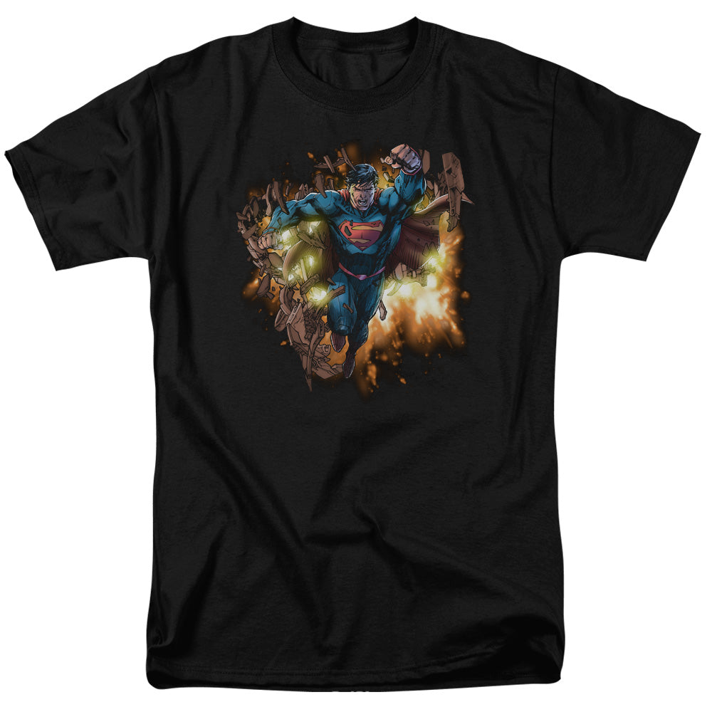 Superman Blasting Through Mens T Shirt Black 