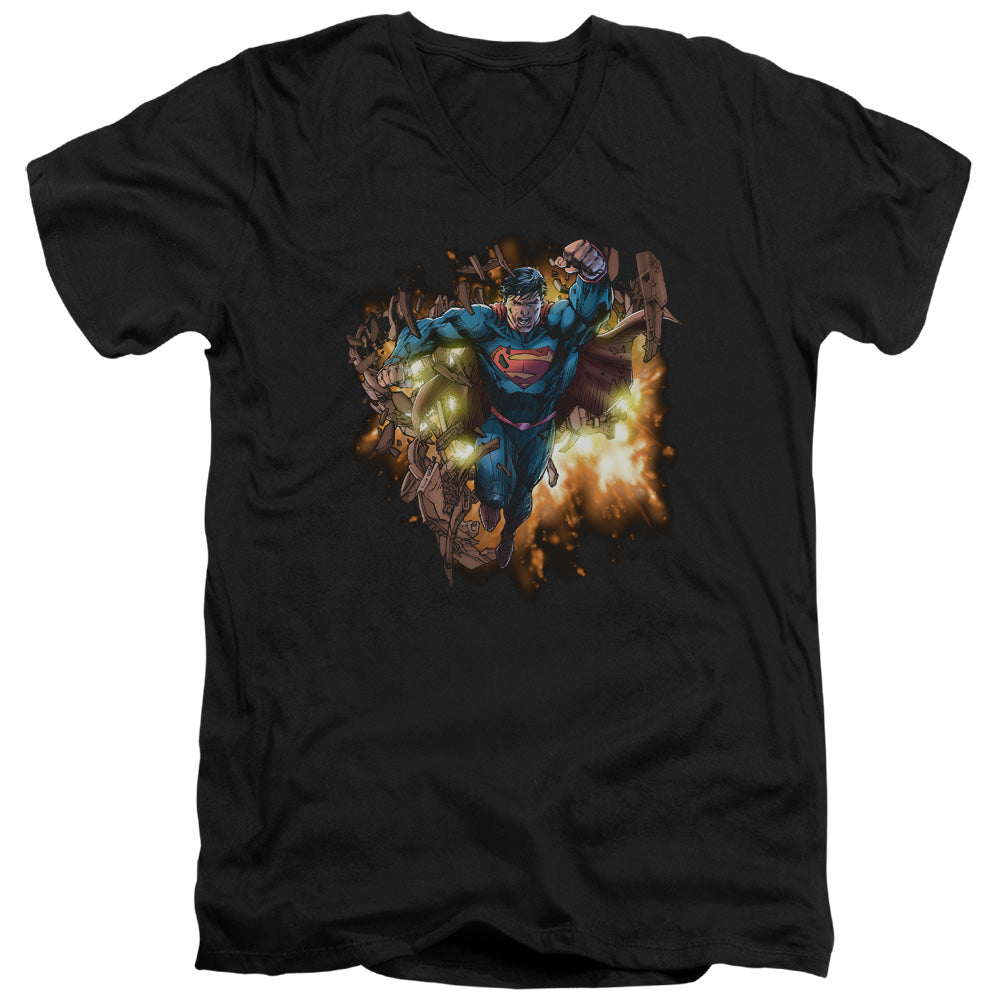 Superman Blasting Through Mens Slim Fit V Neck T Shirt Black