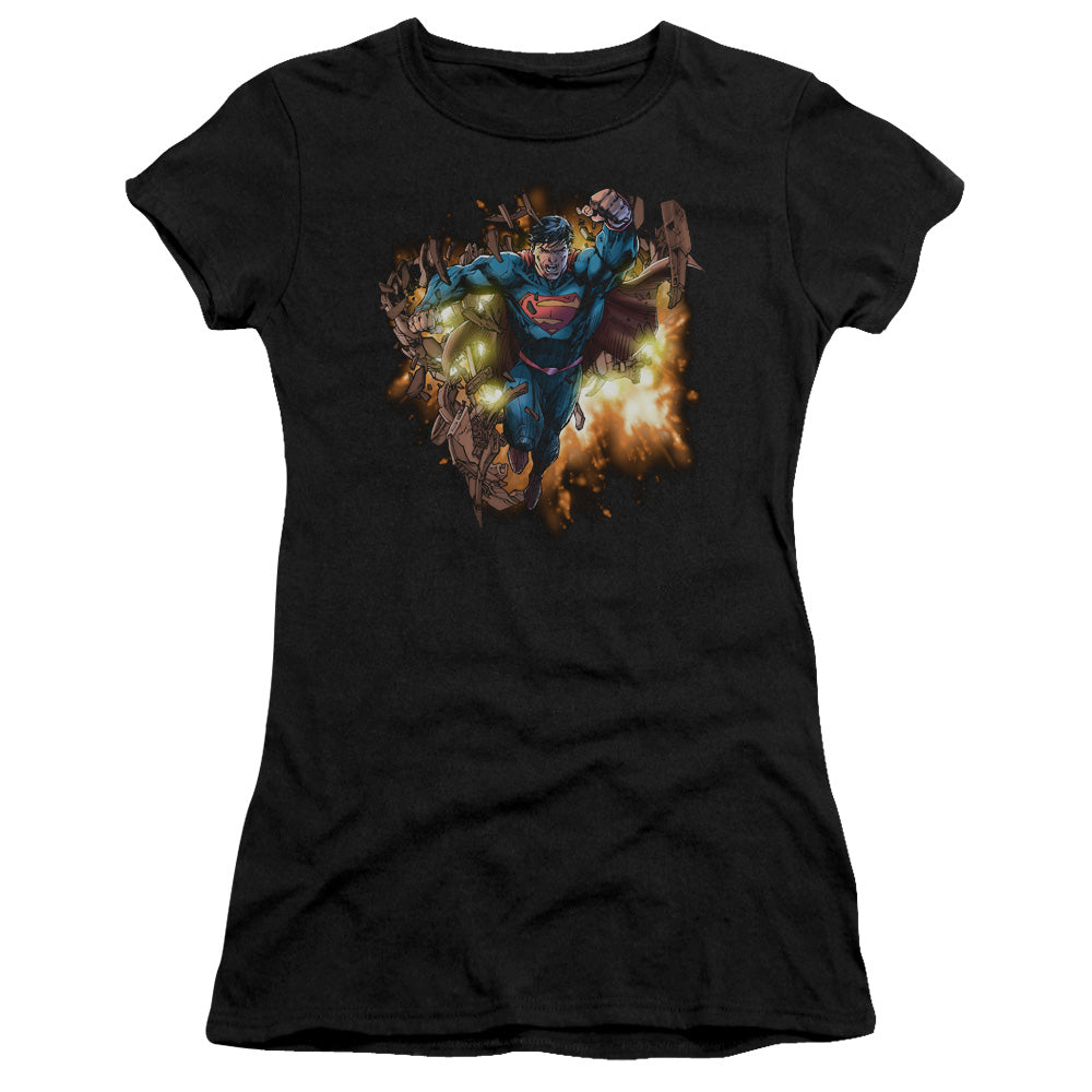 Superman Blasting Through Junior Sheer Cap Sleeve Womens T Shirt Black