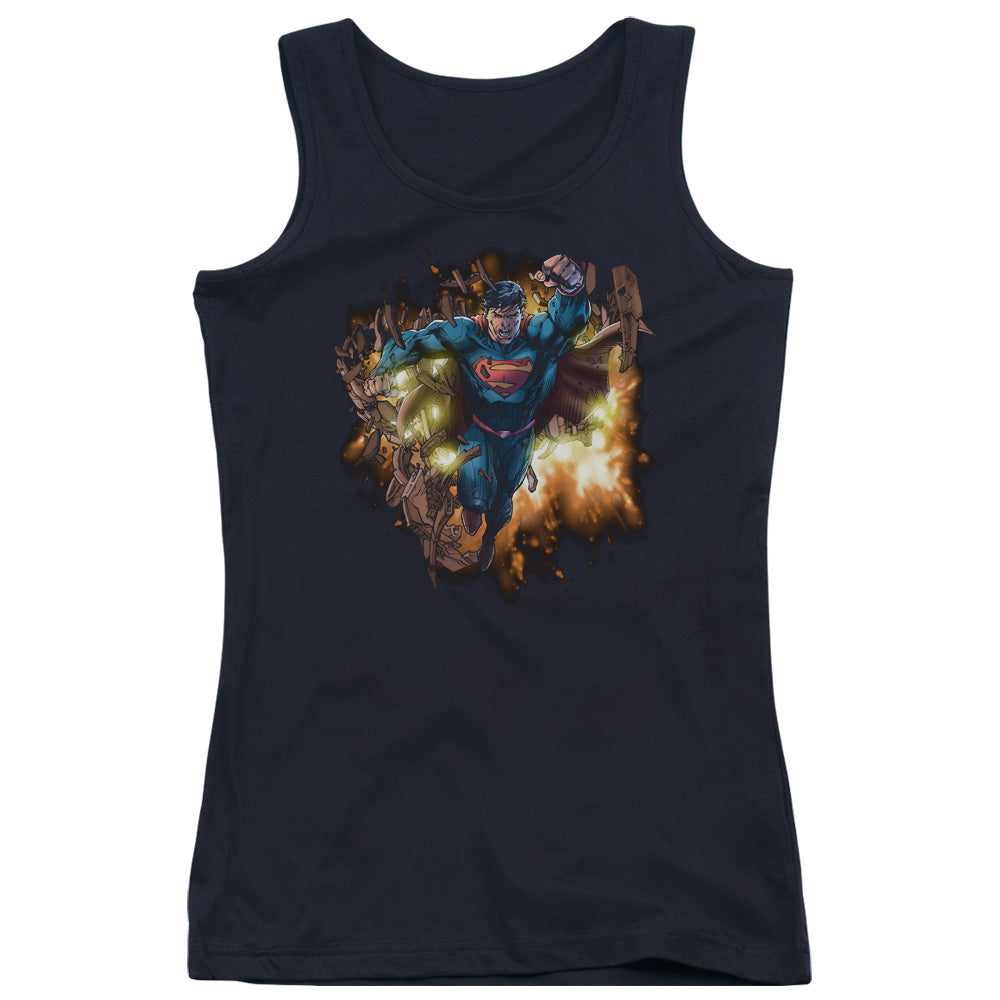 Superman Blasting Through Womens Tank Top Shirt Black